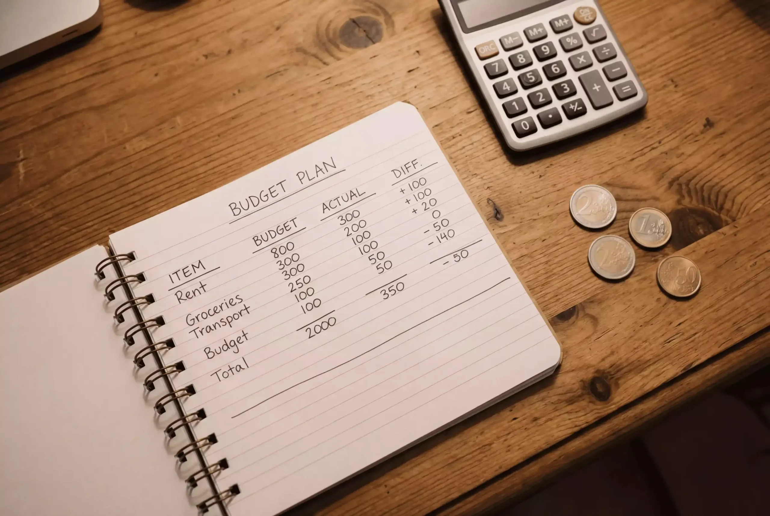 Notizbuch mit handgeschriebenem Bankroll-Plan neben einem Taschenrechner auf einem Holztisch