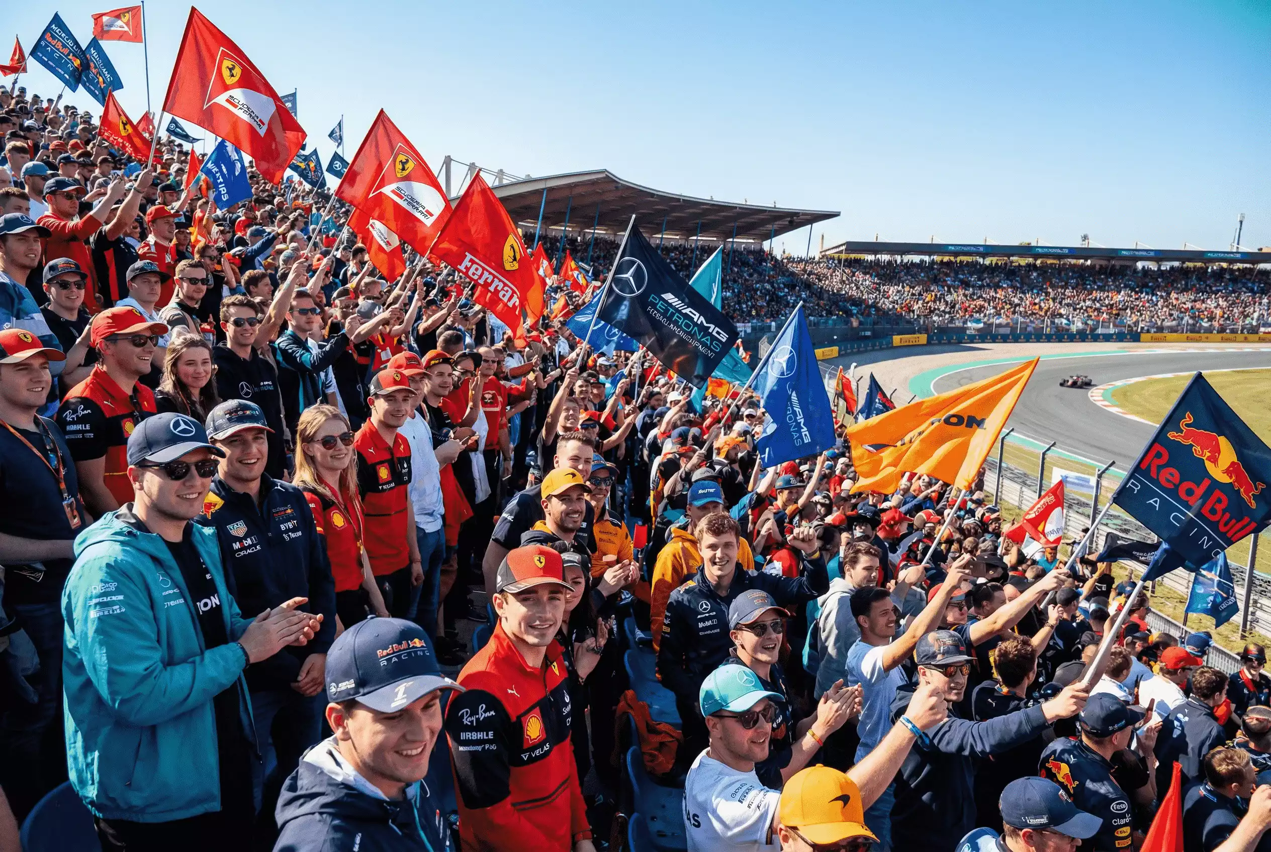Begeisterte Formel-1-Fans auf einer vollen Zuschauertribüne mit Teamfahnen
