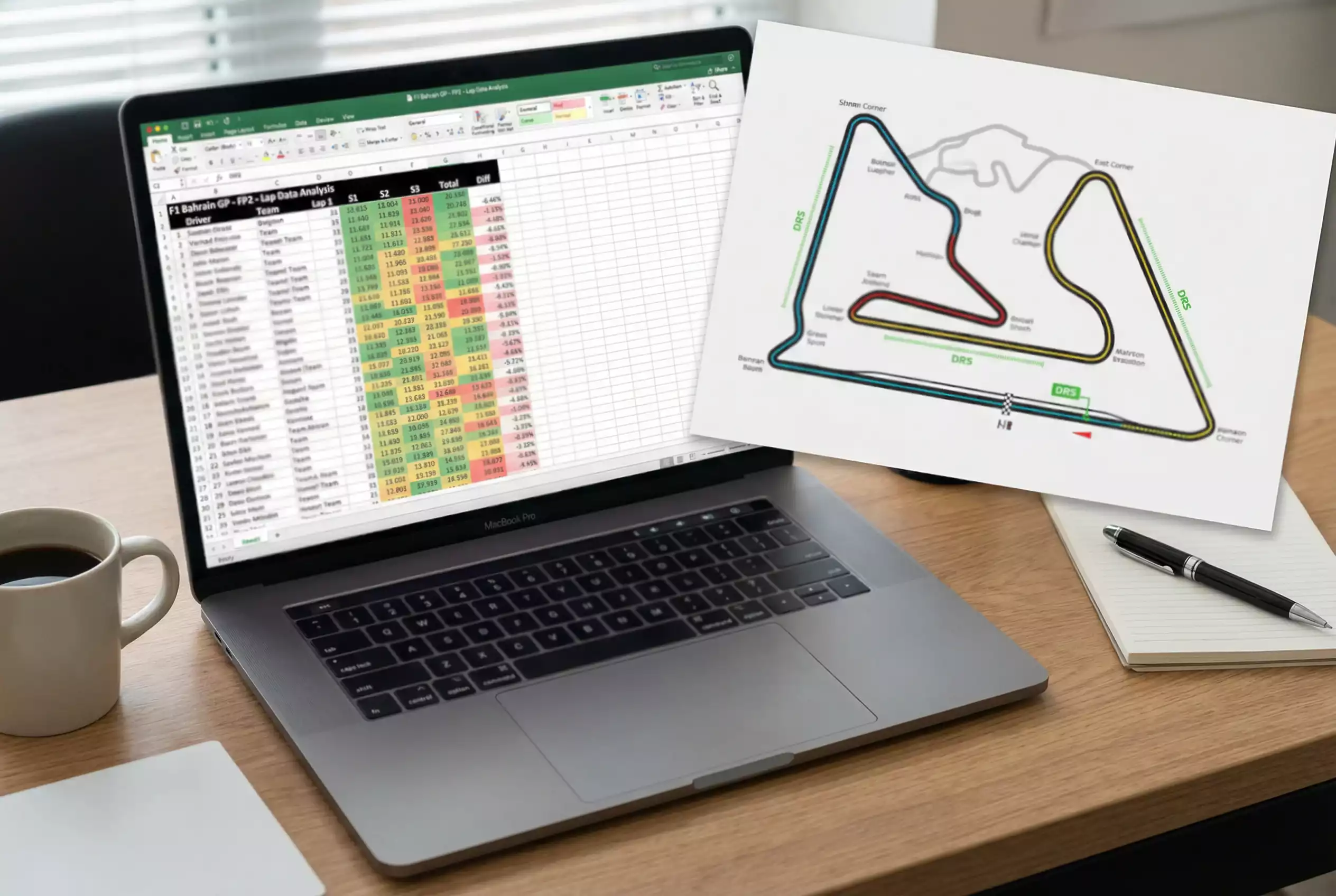 Laptop mit Formel-1-Rundenzeiten-Tabelle neben einem Rennstrecken-Layout