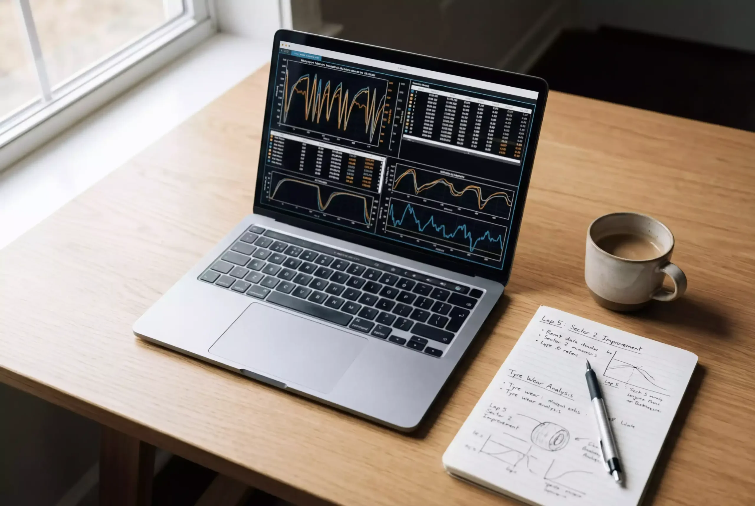 Laptop mit Motorsport-Datenanalyse und Wettquoten auf dem Bildschirm neben einem Notizblock