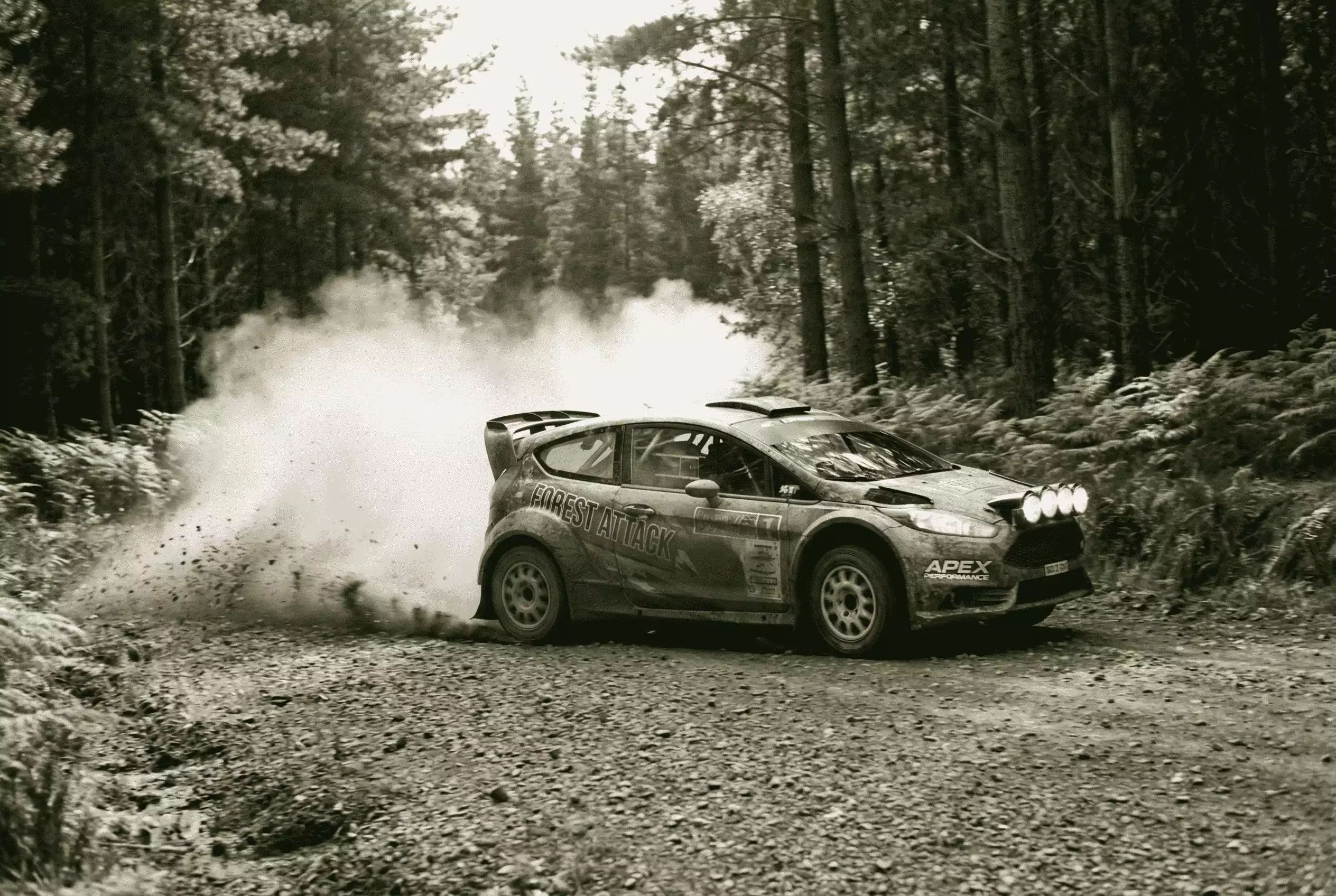WRC-Rallye-Auto auf einer Schotterstraße bei einer Spezialprüfung