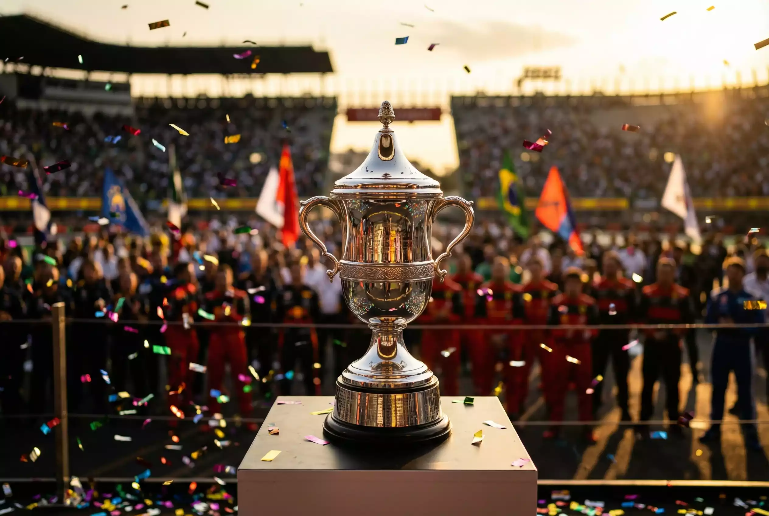 WM-Pokal der Formel 1 auf einem Podium mit Konfetti im Hintergrund