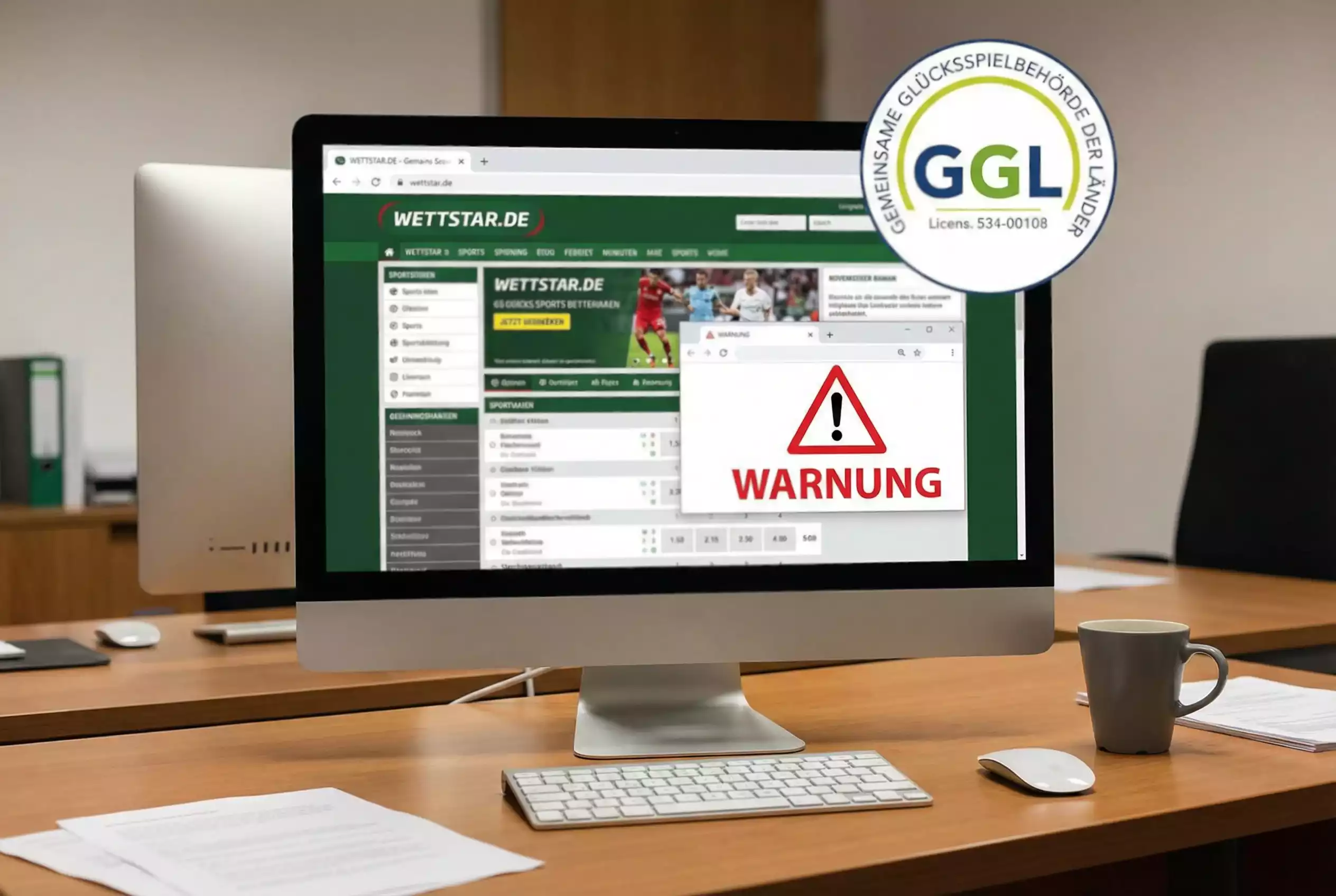 GGL-Lizenzlogo neben einem Warnsymbol auf einem Monitor mit Sportwetten-Webseite