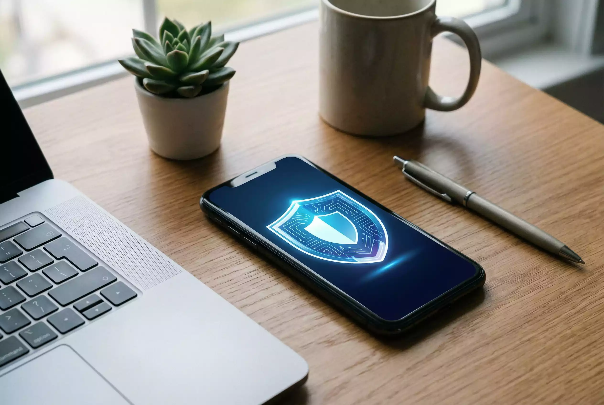 Schutzschild-Symbol auf einem Smartphone-Display neben einer Tastatur als Symbol für Spielerschutz