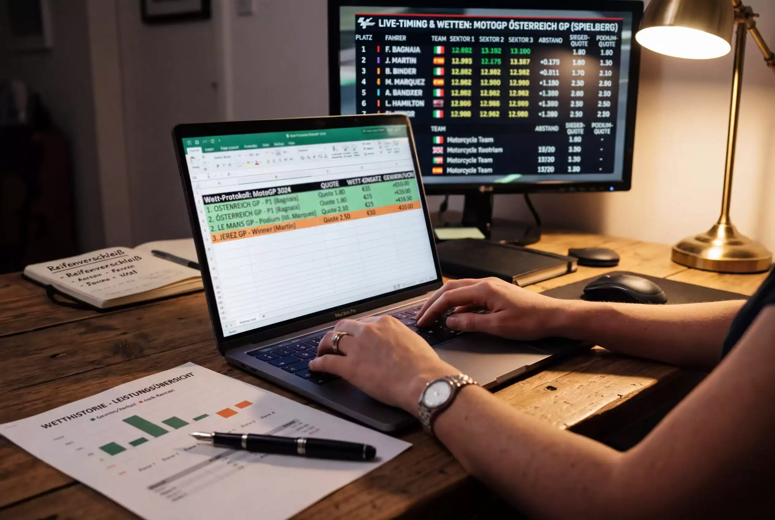 Datenbasierte Motorsport-Wettstrategie — Quotenanalyse und Value-Betting-Berechnung am Laptop