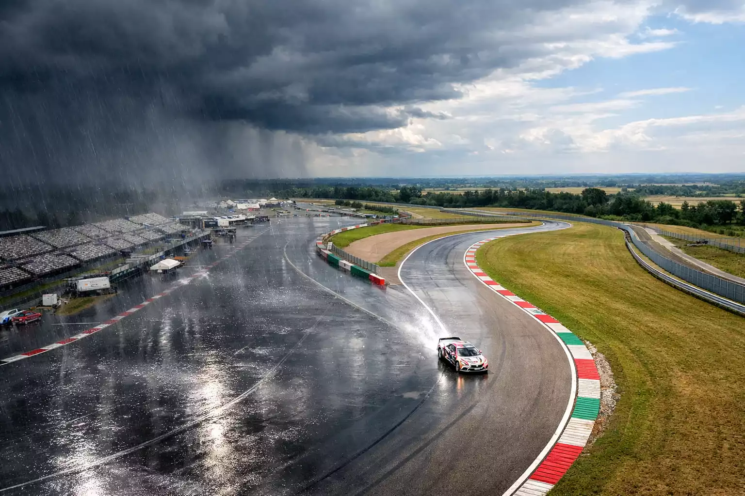 Regenradar über einer Motorsport-Rennstrecke mit nasser Fahrbahn und Regenwolken